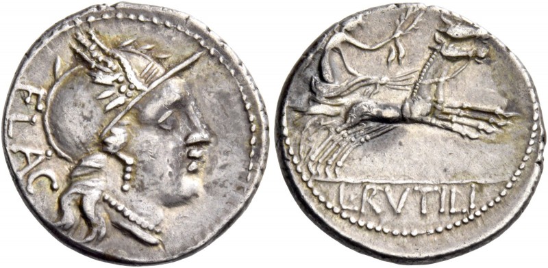 L. Rutilius Flaccus. Denarius 77, AR 3.69 g. FLAC Helmeted head of Roma r. Rev. ...