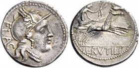 L. Rutilius Flaccus. Denarius 77, AR 3.69 g. FLAC Helmeted head of Roma r. Rev. Victory in biga r., holding reins and wreath; in exergue, L·RVTILI. Ba...