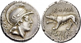 P. Satrienus. Denarius 77, AR 4.10 g. Helmeted head of Roma r.; behind, XXXT. Rev. ROMA She-wolf l., r. forepaw raised; in exergue, P·SATRIE / NVS. Ba...
