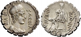 Mn. Aquillius. Denarius serratus 71, AR 3.93 g. VIRTVS – III VIR Helmeted and draped bust of Virtus r. Rev. MN AQVIL – MN·F MN·N Warrior, holding shie...