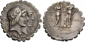 Q. Fufius Calenus and Mucius Cordus. Denarius serratus 70, AR 3.95 g. Jugate heads of Honos and Virtus r.; in l. field, HO and in r. field, VIRT. Belo...