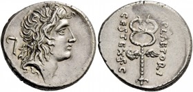 M. Plaetorius M. f. Cestianus. Denarius 69, AR 3.69 g. Male head r., with flowing hair; behind, symbol pl. LXX, 76. Rev. M·PLAETORI – CEST·EX·S·C Wing...