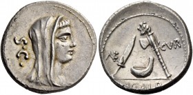 P. Sulpicius Galba. Denarius 69, AR 4.00 g. Veiled and diademed head of Vesta r.; behind, S·C. Rev. AED – CVR Knife, culullus and axe. In exergue, P·G...
