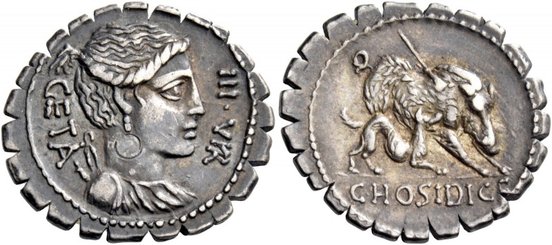 C. Hosidius C.f. Geta. Denarius serratus 68, AR 3.87 g. GETA – III·VIR Draped bu...