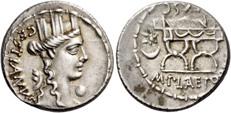 M. Plaetorius M.f. Cestianus. Denarius 67, AR 3.80 g Head of Cybele r.; behind, ...