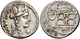 M. Plaetorius M.f. Cestianus. Denarius 67, AR 3.80 g Head of Cybele r.; behind, forepart of lion and CESTIANVS; before, globe. Rev. Curule chair; in l...