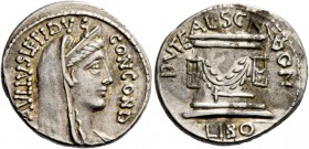 Paullus Aemilius Lepidus and L. Scribonius Libo. Denarius 62, AR 3.87 g. [P]AVLLVS LEPIDVS – CONCORD Diademed and veiled head of Concordia r. Rev. PVT...