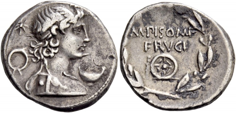 M. Calpurnius M. f. Frugi. Denarius 61, AR 3.91 g. Terminal bust of Mercury r., ...