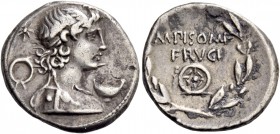 M. Calpurnius M. f. Frugi. Denarius 61, AR 3.91 g. Terminal bust of Mercury r., wearing winged diadem; behind, star / wreath. In r. field, dish. Rev. ...