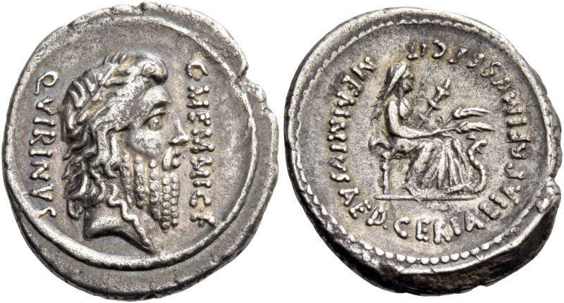 C. Memmius C.f. Denarius 56, AR 3.52 g. C·MEMMI·C·F· – QVIRINVS Laureate head of...