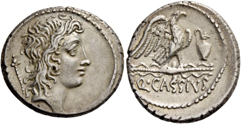 Q. Cassius Longinus. Denarius 55, AR 4.03 g. Head of Genius Populi Romani r.; sc...