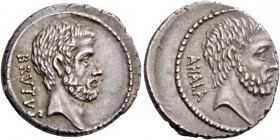 M. Iunius Brutus. Denarius 54, AR 4.02 g. BRVTVS Head of L. Iunius Brutus r. Rev. AHALA Head of C. Servilius Ahala r. Babelon Julia 30 and Servilia 17...