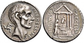 P. Cornelius Lentulus Marcellinus. Denarius 50, AR 4.05 g. MARCELLINVS Bare head of consul M. Claudius Marcellus r.; behind, trisceles. Rev. MARCELLVS...