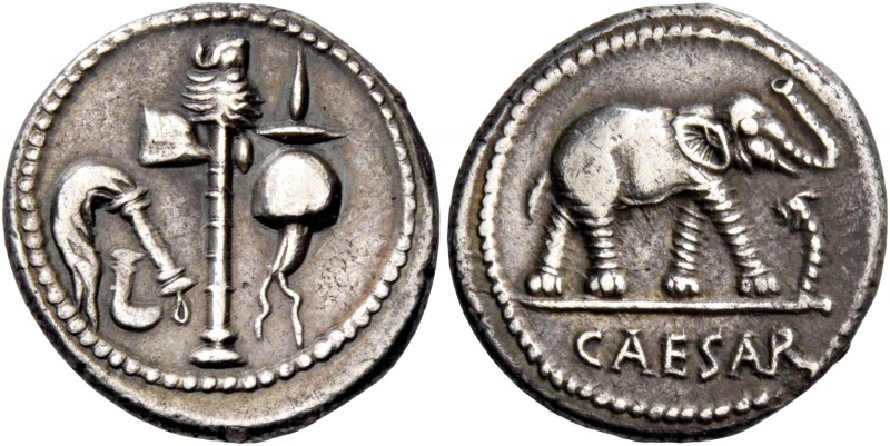 C. Iulius Caesar. Denarius, mint moving with Caesar 49-48, AR 3.91 g. Pontifical...