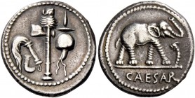 C. Iulius Caesar. Denarius, mint moving with Caesar 49-48, AR 3.91 g. Pontifical emblems: culullus, aspergillum, axe and apex. Rev. Elephant r., tramp...