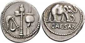 C. Iulius Caesar. Denarius, mint moving with Caesar 49-48, AR 3.81 g. Pontifical emblems: culullus, aspergillum, axe and apex. Rev. Elephant r., tramp...