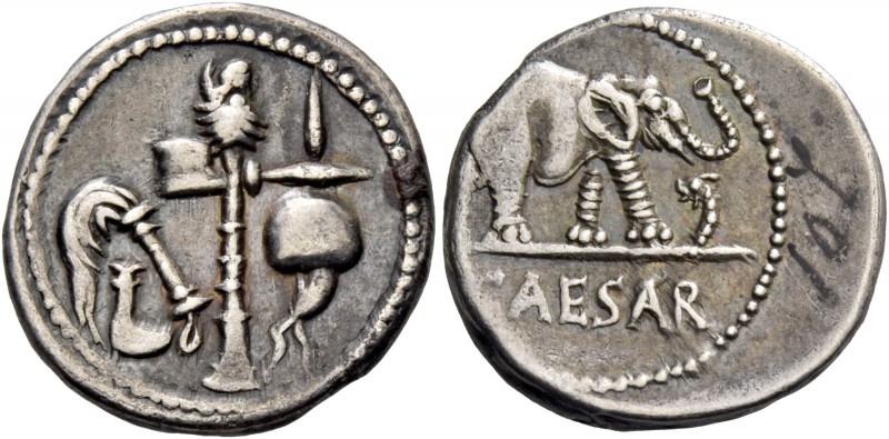 C. Iulius Caesar. Denarius, mint moving with Caesar 49-48, AR 3.71 g. Pontifical...