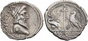 Cn. Pompeius Magnus and Terentius Varro. Denarius, mint moving with Pompeius 49, AR 3.44 g. VARRO·PRO – Q Terminal bust of Jupiter r., wearing diadem....