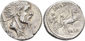 L. Hostilius Saserna. Denarius 48, AR 3.81 g. Bearded male head r.; behind, Gallic shield. Rev. L·HOSTIL[IVS] Naked Gallic warrior in fast biga driven...