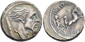 L. Hostilius Saserna. Denarius 48, AR 4.09 g. Bearded male head r.; behind, Gallic shield. Rev. L·HOSTILIVS Naked Gallic warrior in fast biga driven r...