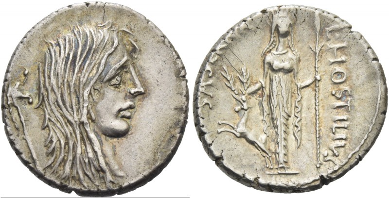 L. Hostilius Saserna. Denarius 48, AR 3.64 g. Female head r. with long hair; beh...