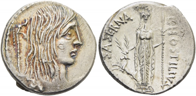 L. Hostilius Saserna. Denarius 48, AR 4.07 g. Female head r. with long hair; beh...