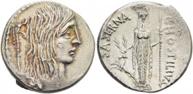 L. Hostilius Saserna. Denarius 48, AR 4.07 g. Female head r. with long hair; behind, carnix. Rev. L·HOSTILIVS – SASERNA Artemis standing facing, holdi...
