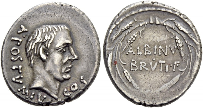 D. Iunius Brutus Albinus. Denarius 48, AR 3.88 g. A·POSTVMIVS – COS Bare head of...