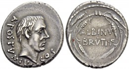 D. Iunius Brutus Albinus. Denarius 48, AR 3.88 g. A·POSTVMIVS – COS Bare head of A. Postumius r. Rev. ALBINV / BRVTI·F within wreath of corn ears. Bab...