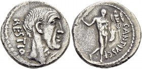 C. Antius C. f. Restio. Denarius 47, AR 3.63 g. RESTIO Head of C. Antius Restio r. Rev. C·ANTIVS·C·F Hercules walking r., with cloak over l., arm hold...