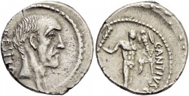 C. Antius C. f. Restio. Denarius 47, AR 3.66 g. RESTIO Head of C. Antius Restio r. Rev. C·ANTIVS·C·F Hercules walking r., with cloak over l., arm hold...
