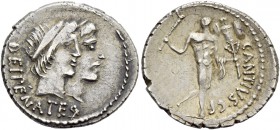 C. Antius Restio. Denarius 47, AR 3.11 g. Jugate heads of Dei Penates r.; below, DEI PENATES. Rev. C·ANTIVS·C·F Hercules walking r., holding trophy an...
