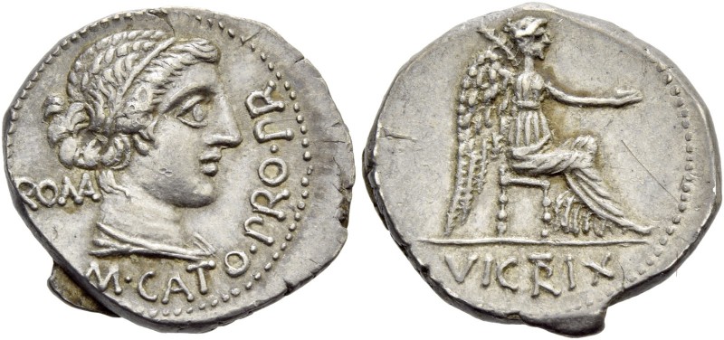 M. Porcius Cato. Denarius, Africa 47-46, AR 4.11 g. M CATO PRO PR Draped female ...