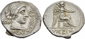 M. Porcius Cato. Denarius, Africa 47-46, AR 4.11 g. M CATO PRO PR Draped female bust r.; in l. field, ROMA. Rev. Victory seated r., holding patera; in...