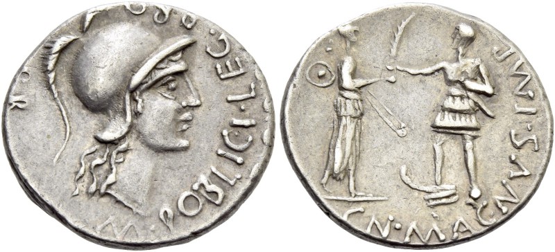 Cn. Pompeius Magnus and M. Poblicius. Denarius, Spain 46-45, AR 3.75 g. M·POBLIC...
