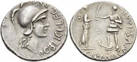 Cn. Pompeius Magnus and M. Poblicius. Denarius, Spain 46-45, AR 3.75 g. M·POBLICI·LEG PRO Helmeted head of Roma r.; behind, PR. Rev. CN·MAGNVS·IMP Fem...