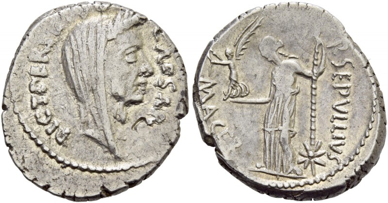 C. Iulius Caesar and P. Sepullius Macer. Denarius 44, AR 3.70 g. CAESAR – DICT·P...