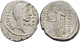 C. Iulius Caesar and P. Sepullius Macer. Denarius 44, AR 3.70 g. CAESAR – DICT·PERPETVO Veiled and wreathed head of Caesar r. Rev. P·SEPVLLIVS – MACER...