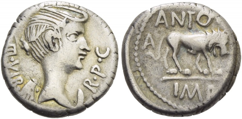 M. Antonius. Quinarius, Lugdunum 42, AR 1.78 g. III·VIR·R·P·C Bust of Victory r....