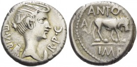 M. Antonius. Quinarius, Lugdunum 42, AR 1.78 g. III·VIR·R·P·C Bust of Victory r. Rev. ANTONI Lion walking r.; at sides, A – [XLI]. In exergue, IMP. Ba...