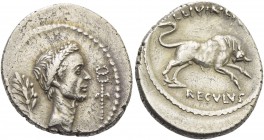 L. Livineius Regulus. Denarius 42, AR 3.57 g. Laureate head of Caesar r.; behind, laurel branch and before, caduceus. Rev. L·LIVINEIVS / REGVLVS Bull ...