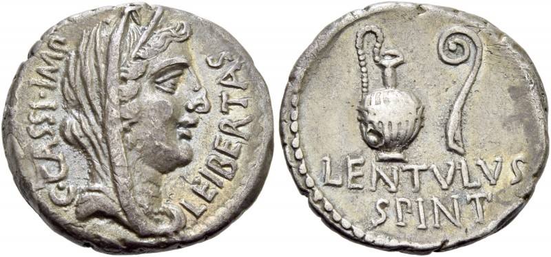 C. Cassius and Brutus with Lentulus Spint. Denarius, mint moving with Brutus and...