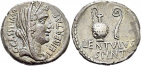 C. Cassius and Brutus with Lentulus Spint. Denarius, mint moving with Brutus and Cassius 43-42, AR 3.86 g. C·CASSI·IMP – LEIBERTAS Veiled head of Libe...