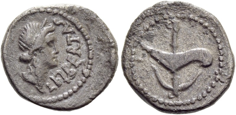 M. Iunius Brutus. Quinarius, mint moving with Brutus 43-42, AR 1.66 g. LEIBERTAS...