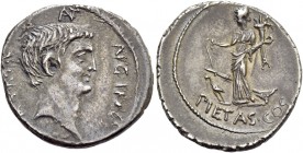 Marcus Antonius. Denarius, mint moving with M. Antonius 41, AR 4.02 g. ANT – AVG·IMP – III.VI.R·P.C Head of M. Antonius r. Rev. Fortuna standing l., h...