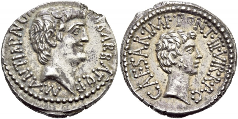 M. Antonius and Octavianus with M. Barbatius. Denarius, mint moving with M. Anto...