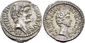 M. Antonius and Octavianus with M. Barbatius. Denarius, mint moving with M. Antonius 41, AR 3.80 g. M·ANT·IMP·AVG·III·VIR·R·P·C·M BARBAT·Q·P Head of M...
