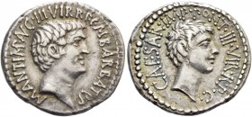 M. Antonius and Octavianus with M. Barbatius. Denarius, mint moving with M. Antonius 41, AR 3.82 g. M·ANT·IMP·AVG·III·VIR·R·P·C·M BARBAT·Q·P Head of M...
