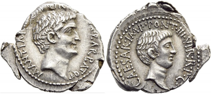 M. Antonius and Octavianus with M. Barbatius. Denarius, mint moving with M. Anto...