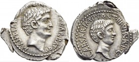 M. Antonius and Octavianus with M. Barbatius. Denarius, mint moving with M. Antonius 41, AR 4.05 g. M·ANT·IMP·AVG·III·VIR·R·P·C·M BARBAT·Q·P Head of M...